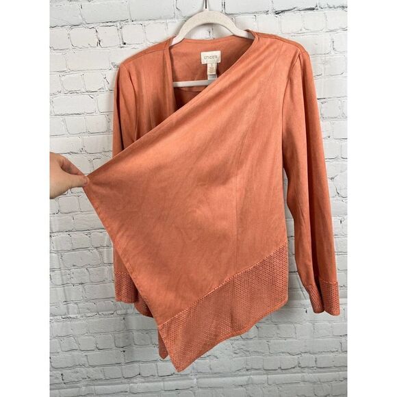 CHICO'S perforated faux suede orange peach open front draped jacket 1 (M) NWOT - Picture 2 of 9
